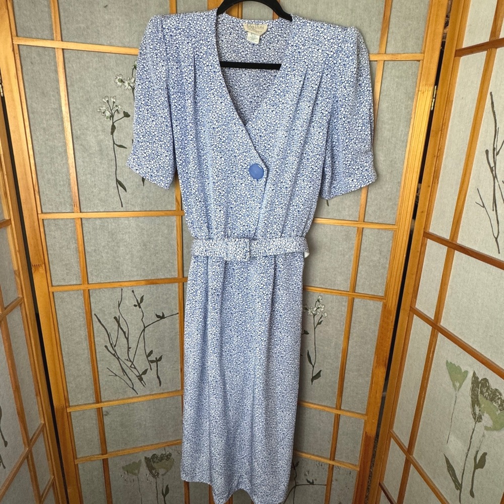 Vintage Pellini by Von Bramlett Blue Wht Floral Secretary V-Line Dress Belted 6